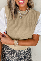 Beige Knit Contrast Sleeve Top