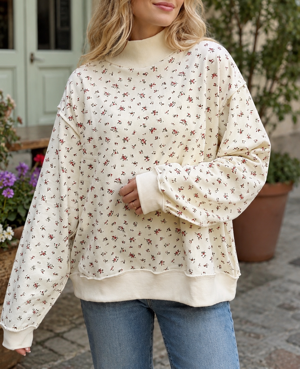 Beige Ribbed Floral Pullover