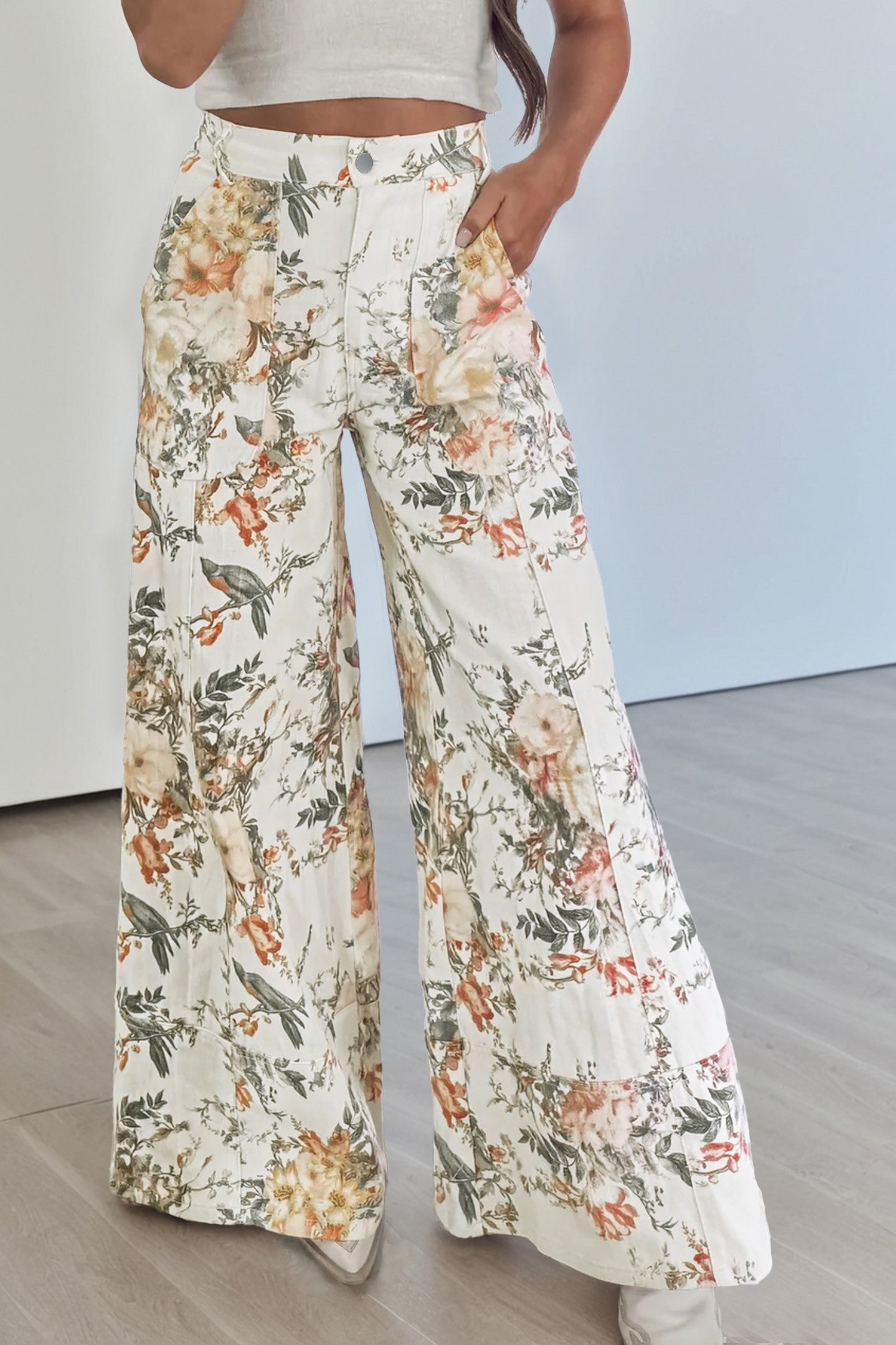 Beige Vintage Floral Jeans