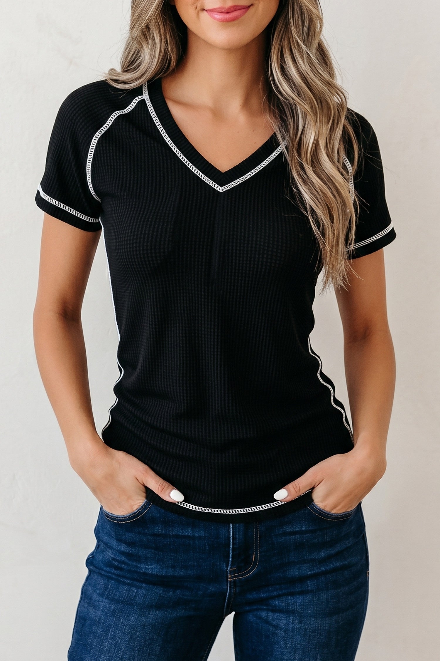 Black Waffle V Neck Top
