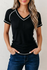 Black Waffle V Neck Top