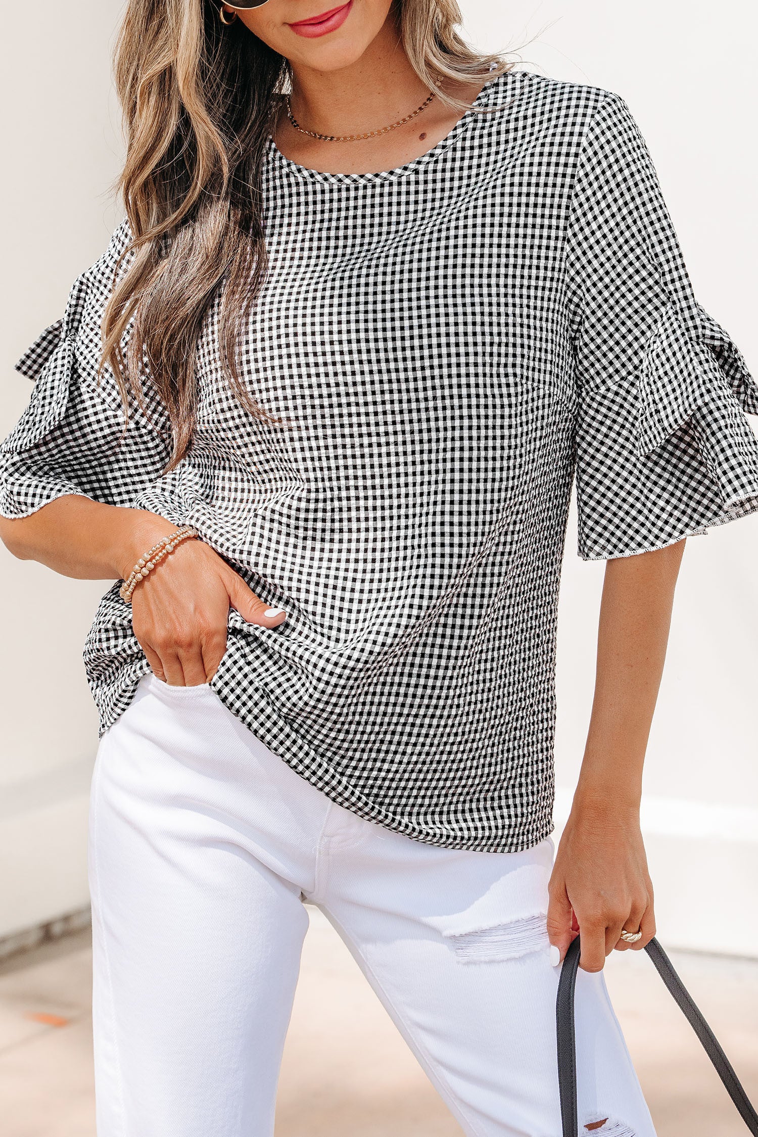 Black Plaid Bow Ruffled Blouse