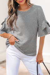 Black Plaid Bow Ruffled Blouse