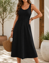 Black Shirred Midi Dress