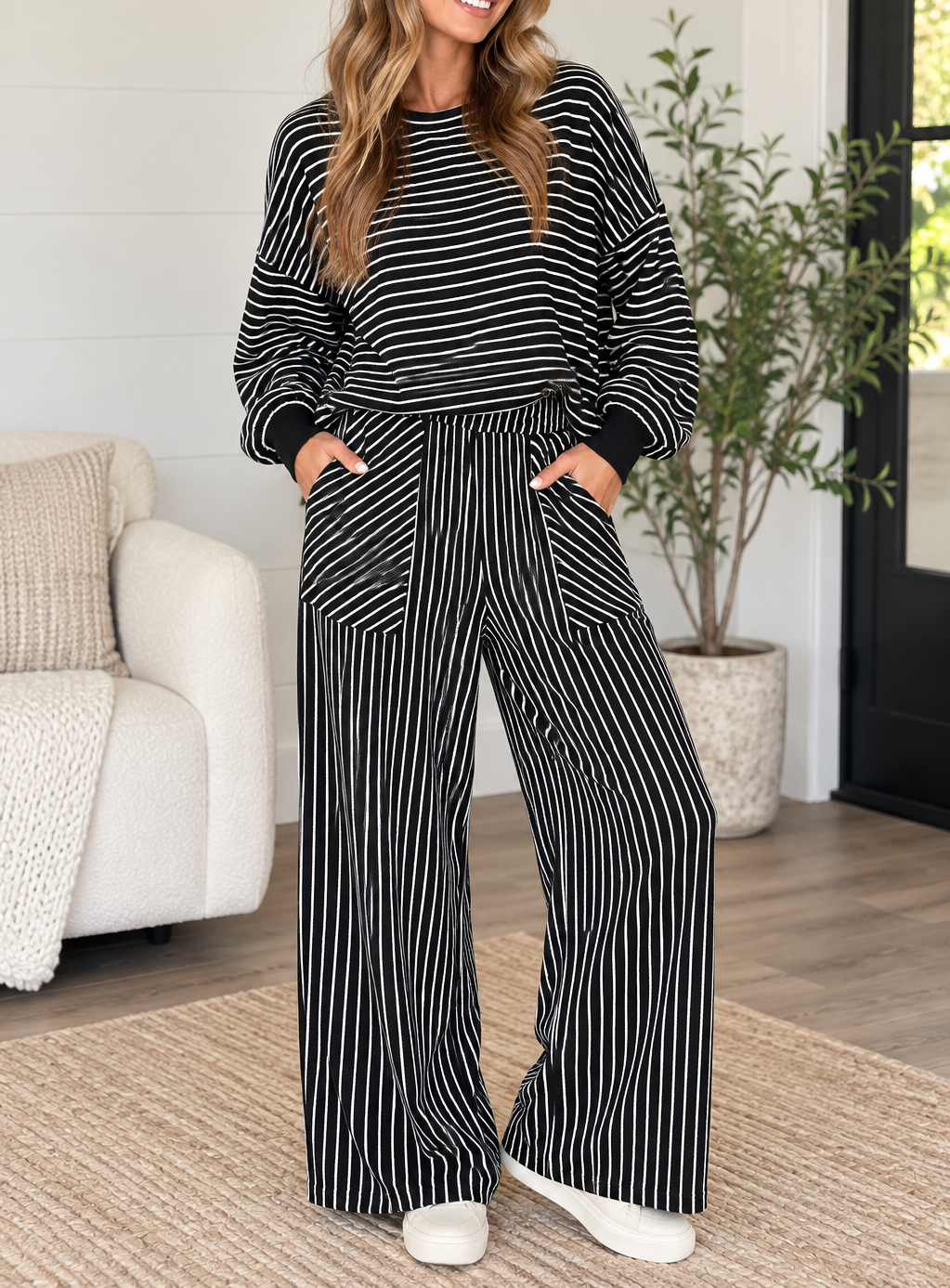Black Stripe Relaxed Pullover Set