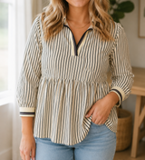Black Stripe V Neck Plus Blouse