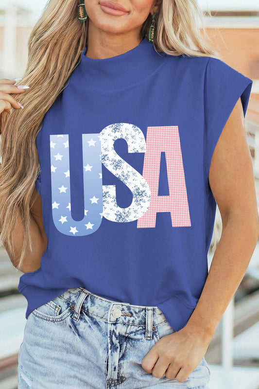 Blue Mixed Pattern USA Mock Neck