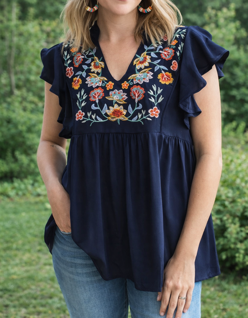 Blue Ruffled Floral Embroidered Blouse RTS