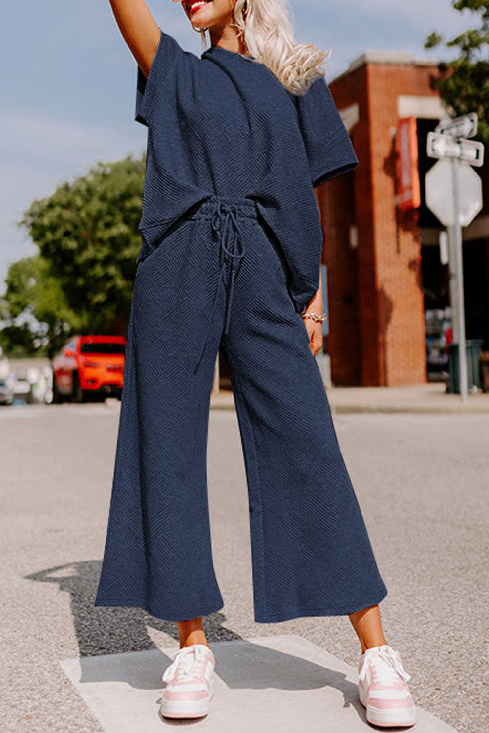 Navy Blue Textured Pants Set