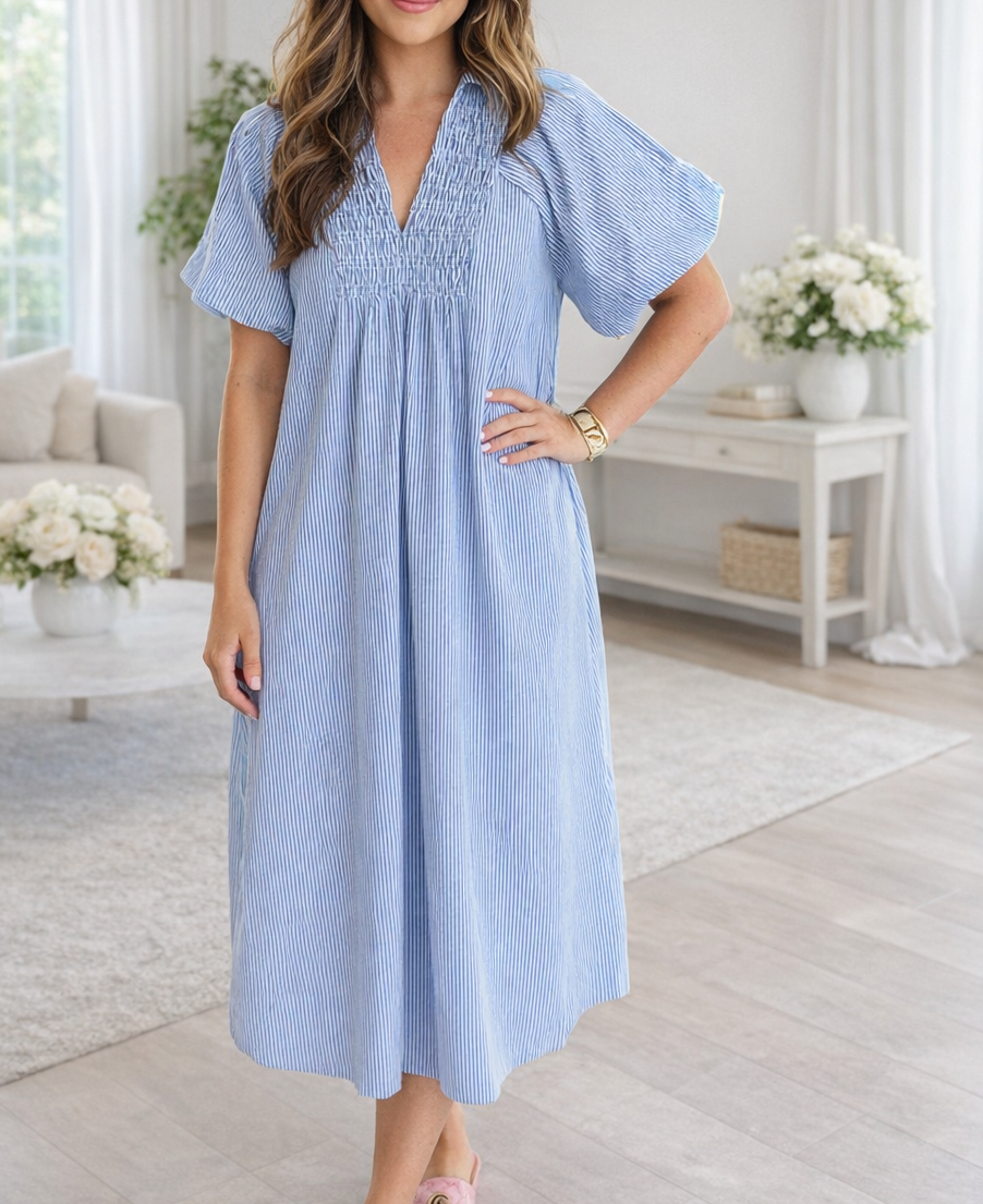 Blue Stripe Shirred Plus Size Midi New RTS