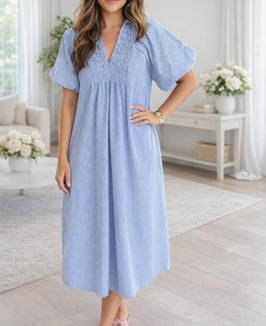 Blue Stripe Shirred Plus Size Midi New RTS