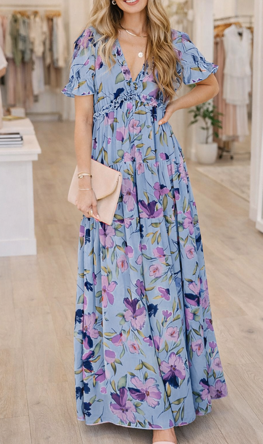 Blue Floral Frilled Maxi Dress NEW RTS