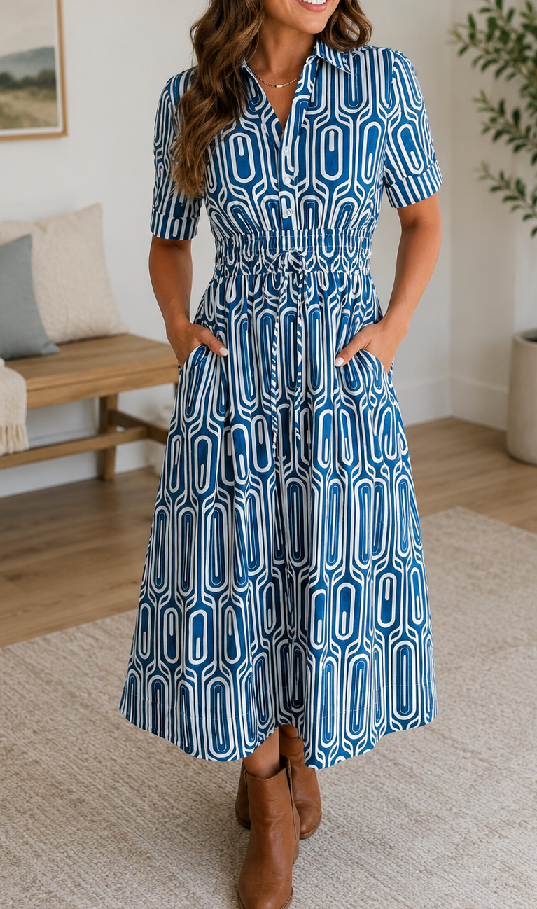 Blue Geometric Drawstring Dress