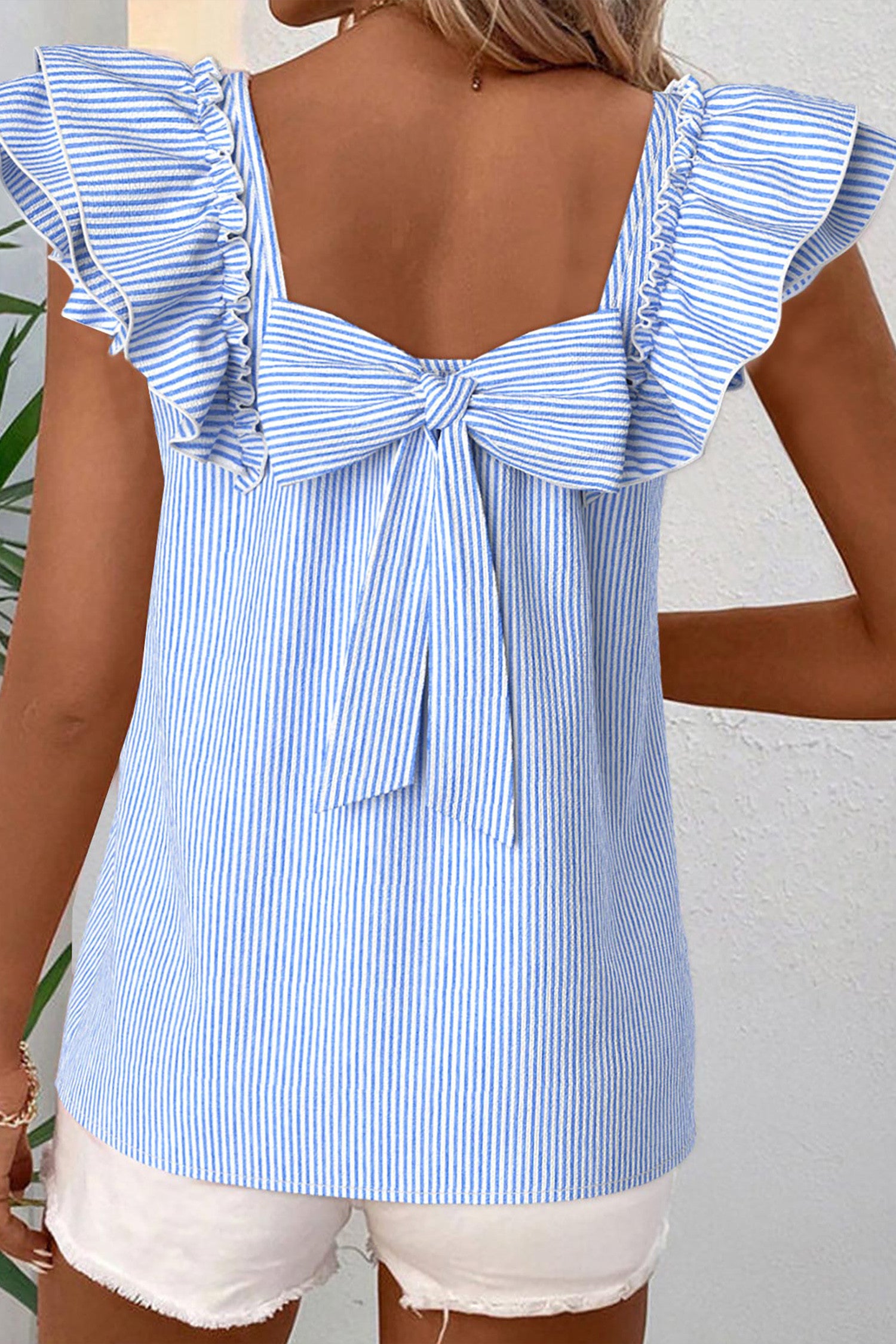 Blue Ruffled Bow Back Blouse