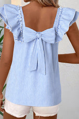 Blue Ruffled Bow Back Blouse