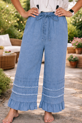 Blue-Ruffled Chambray Pants