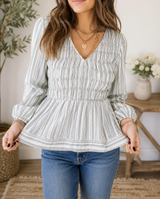 Blue Stripe Shirred Blouse