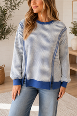 Blue Waffle Knit Stitching Top