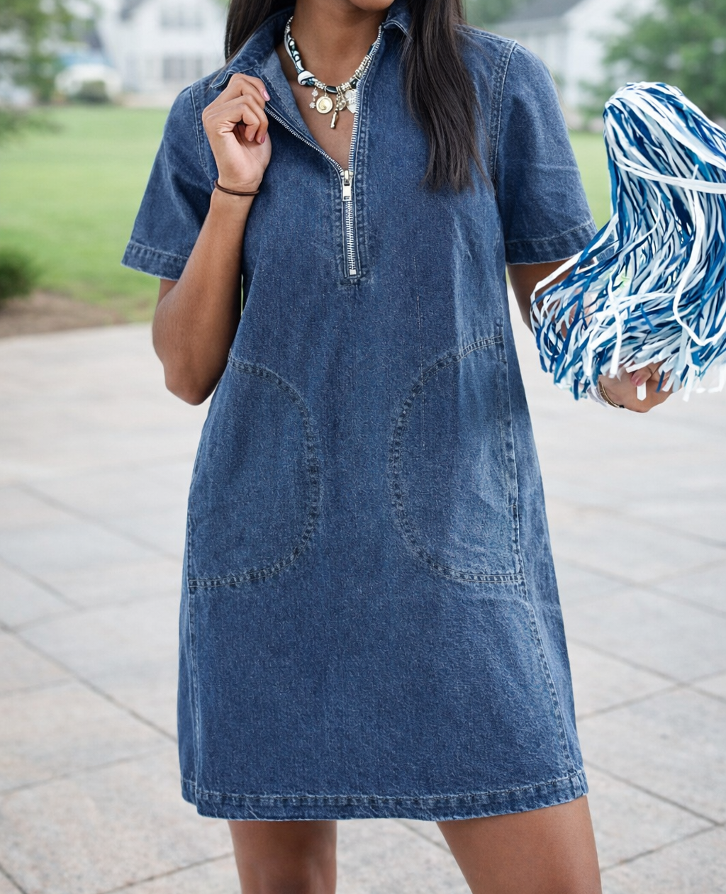 Blue Zip Up Denim Dress