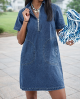 Blue Zip Up Denim Dress