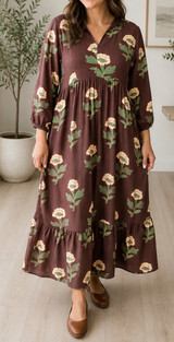 Brown Floral V Neck Plus Dress