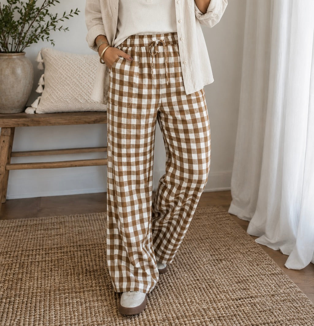 Brown Plaid Elastic Pants