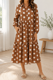Brown Polka Dot Shift Dress With Pockets
