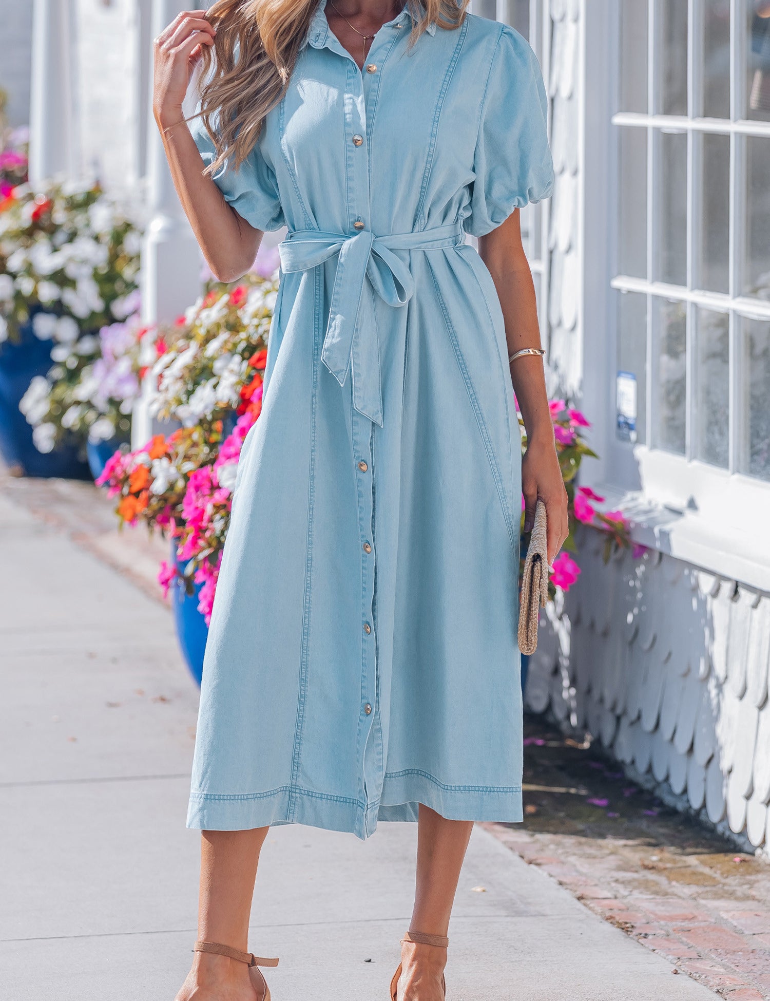 Bubble Sleeve Long Denim Dress