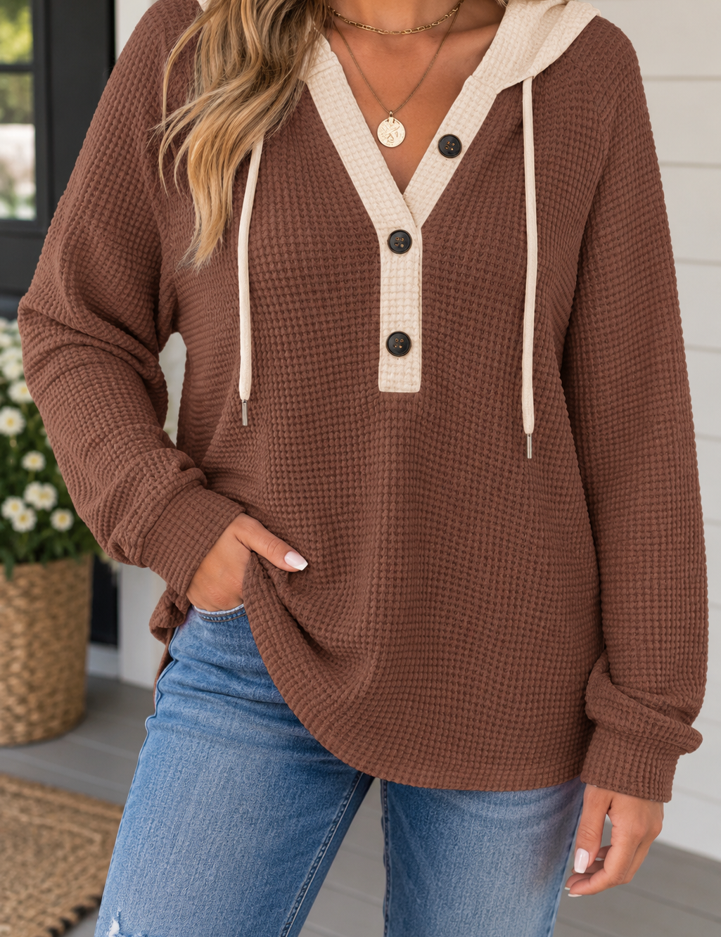 Waffle Buttoned Pullover Top
