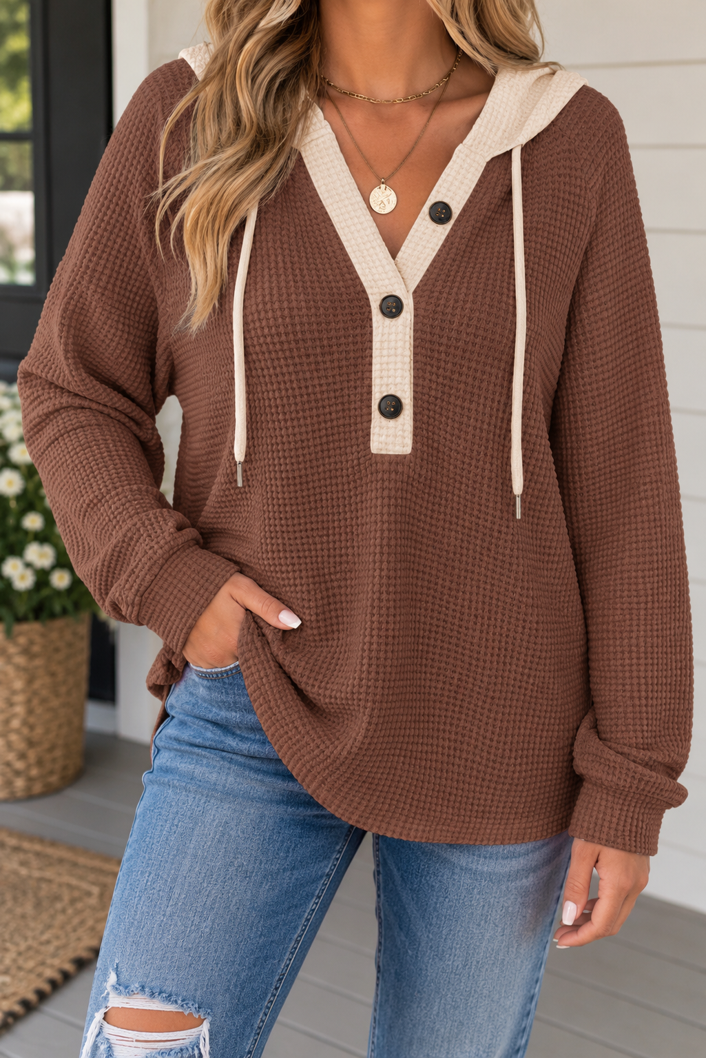 Waffle Buttoned Pullover Top