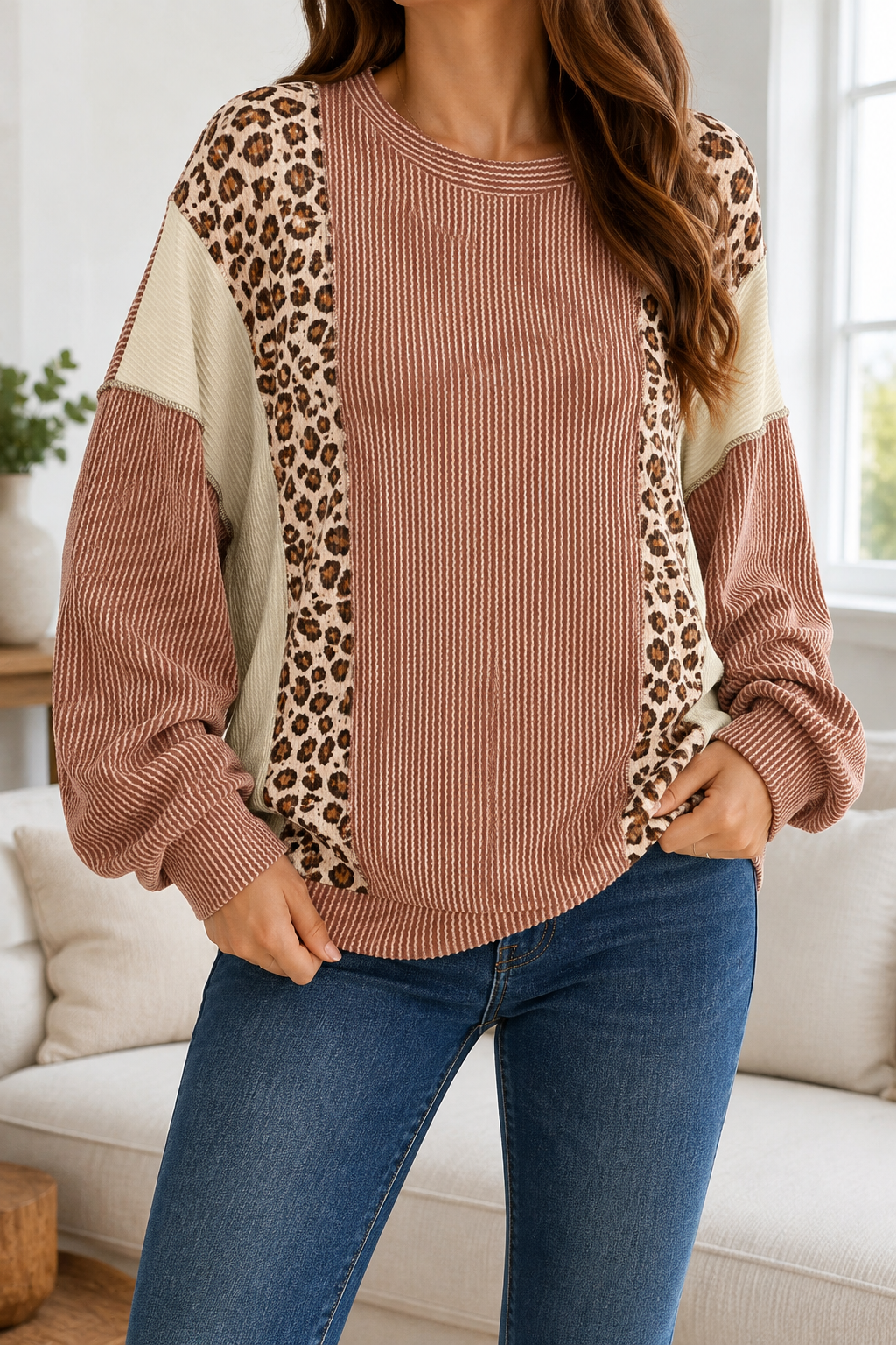 Leopard Colorblock Ribbed Top Full Run RTS