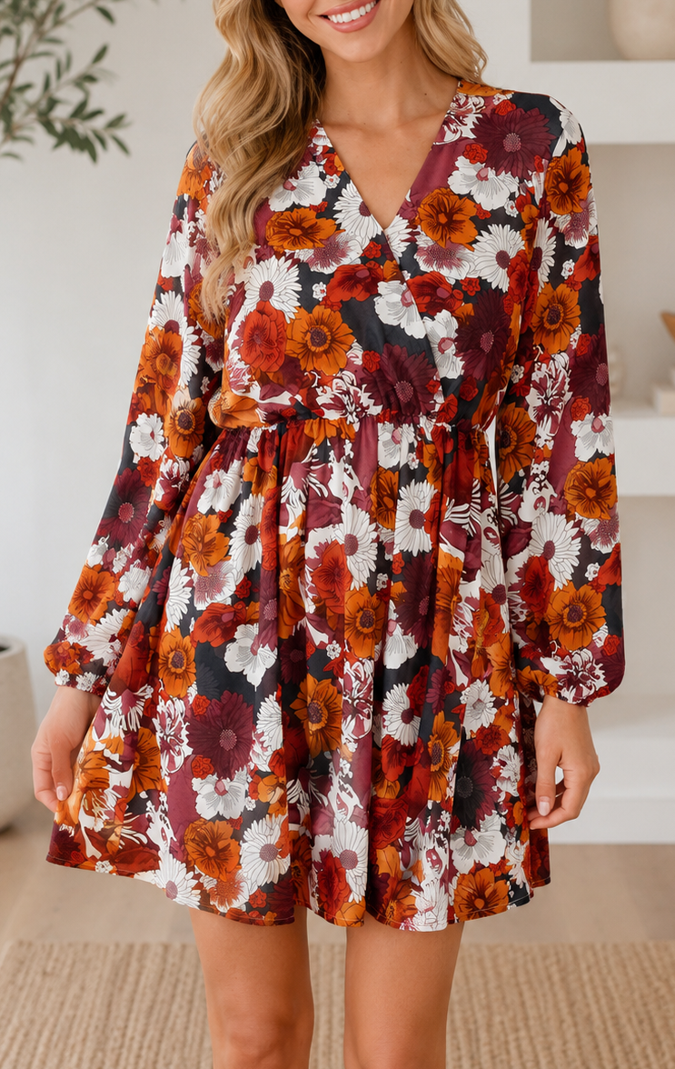 Red Floral V Neck Mini Dress Full Run RTS
