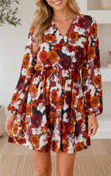 Red Floral V Neck Mini Dress Full Run RTS
