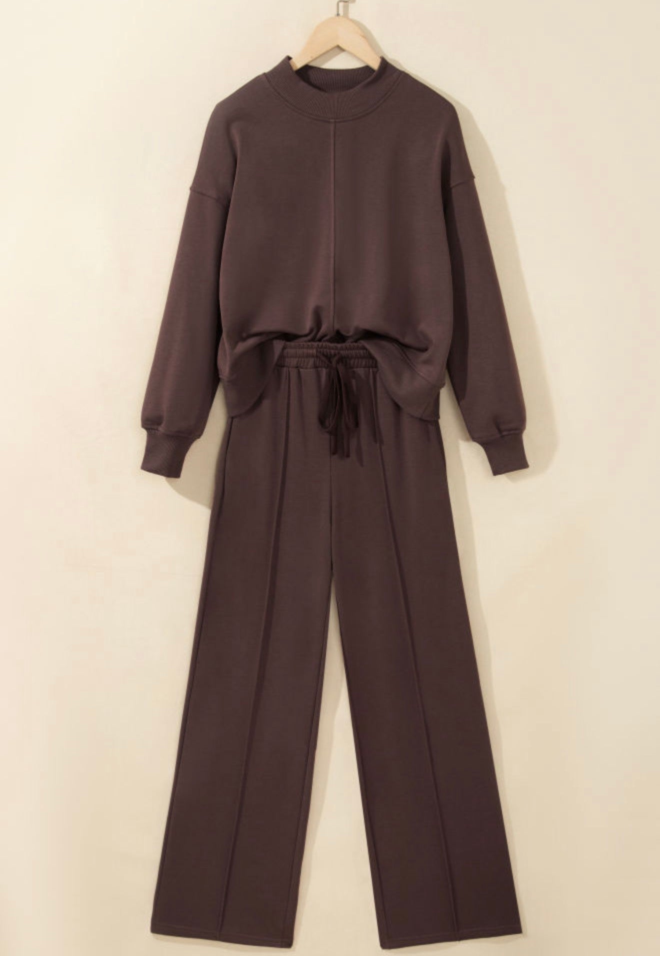 Coffee Mock Neck Drawstring Pants Set