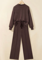 Coffee Mock Neck Drawstring Pants Set