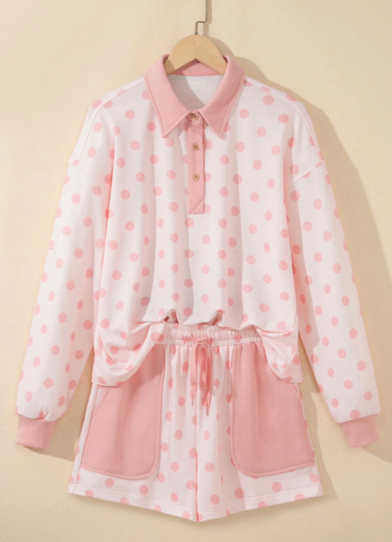 Pink Polka Dot Polo Patch Pocket Short Set