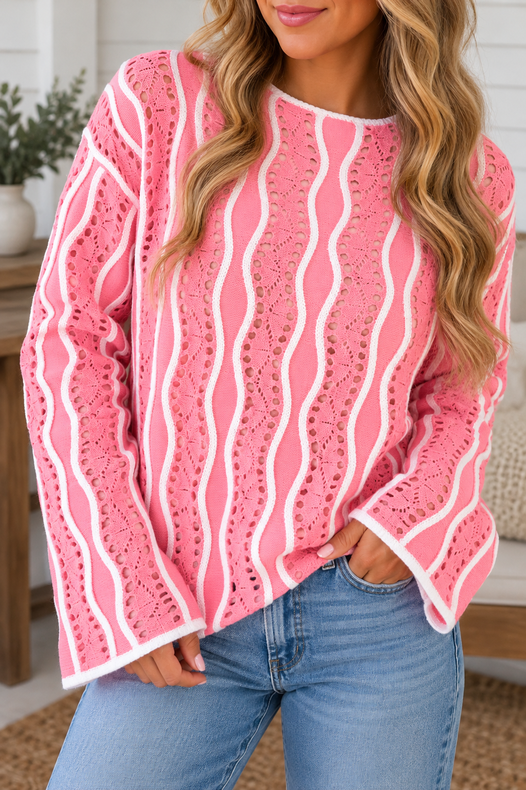 Wavy Detail Hollow Knit Sweater
