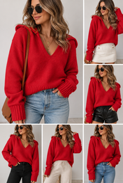 Red V Neck Ribbed Sweater RTS