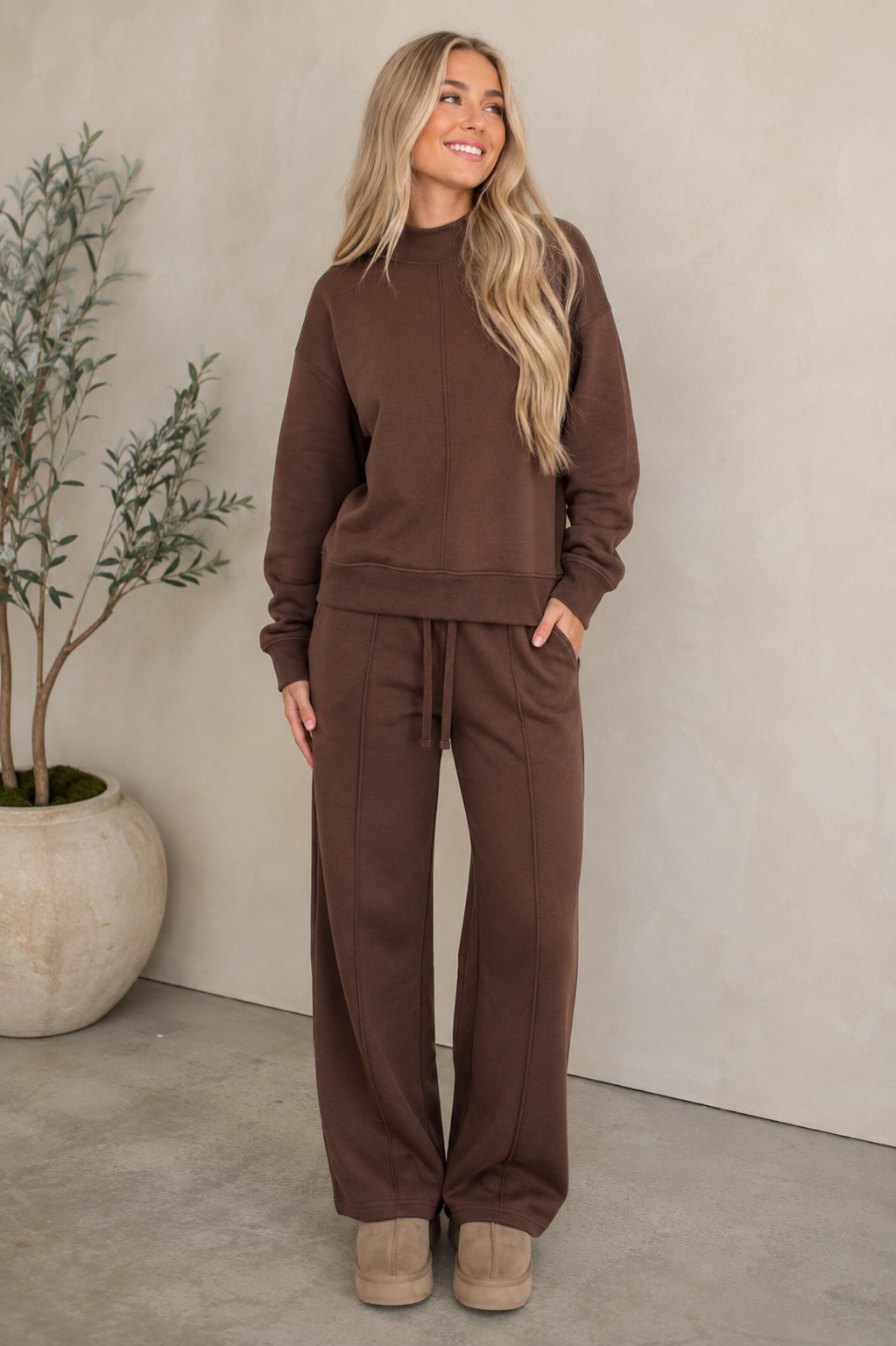 Brown Mock Neck Drawstring Pants Set
