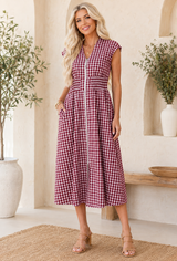 Red Plaid Zipper Maxi Dress