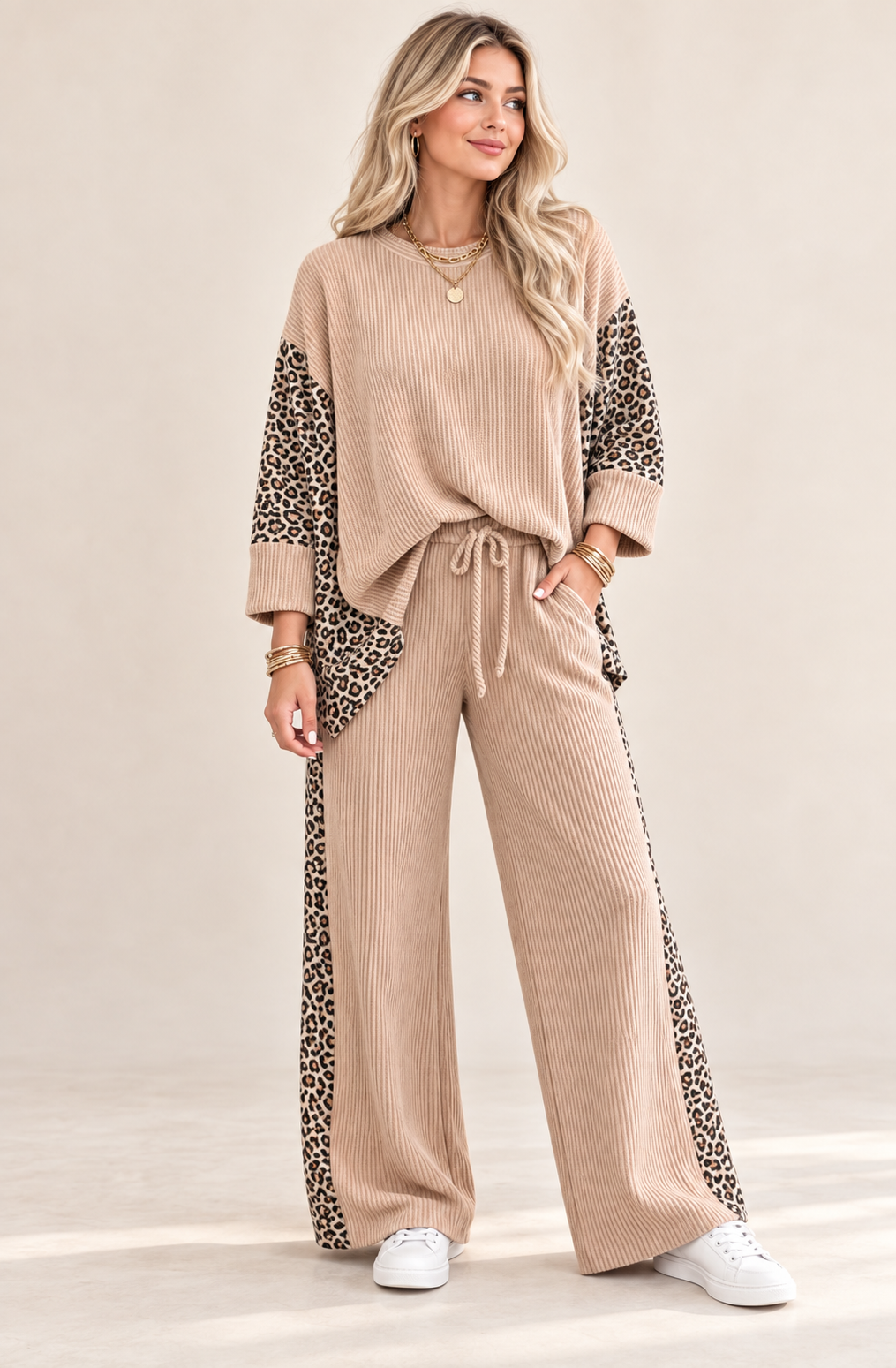 Leopard Patch Ribbed Long Pant Set