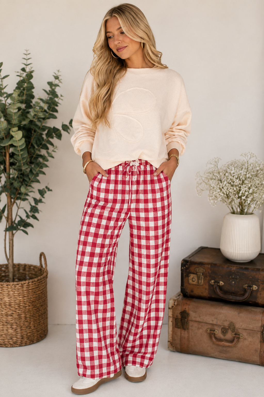 Gingham Plaid Tie Elastic Waist Shift Pants