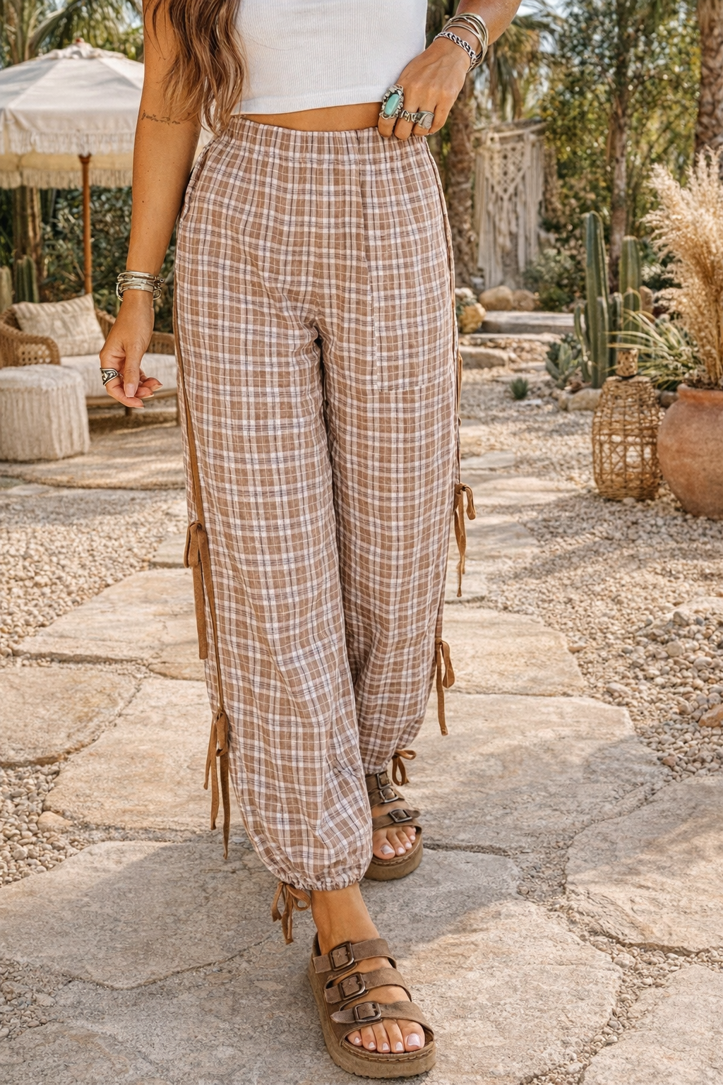 Chestnut Plaid Bow Detail Pants