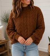 Coffee Cable Knit High Neck Sweater