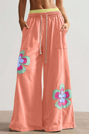Colorblock Flower Patchwork Elastic Pants