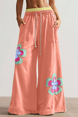 Colorblock Flower Patchwork Elastic Pants