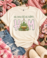 Tultex Pink Gingham Let Us Adore Him Tee.