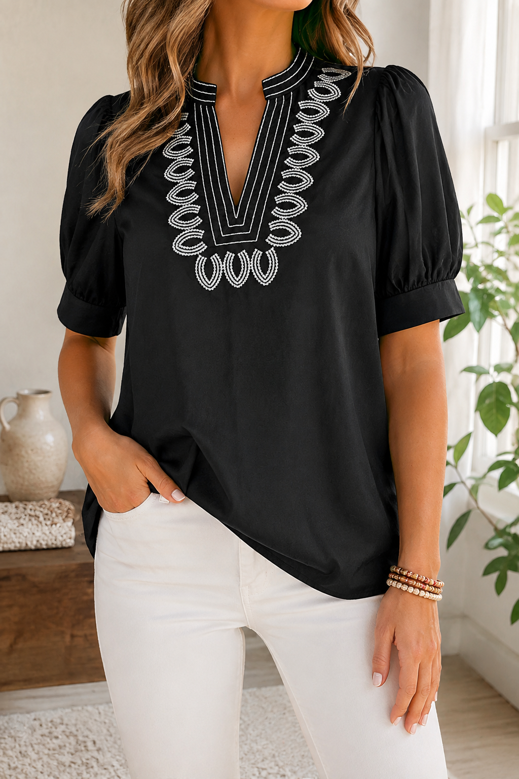 Black Embroidered V Neck Blouse Full Run RTS
