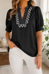 Black Embroidered V Neck Blouse Full Run RTS