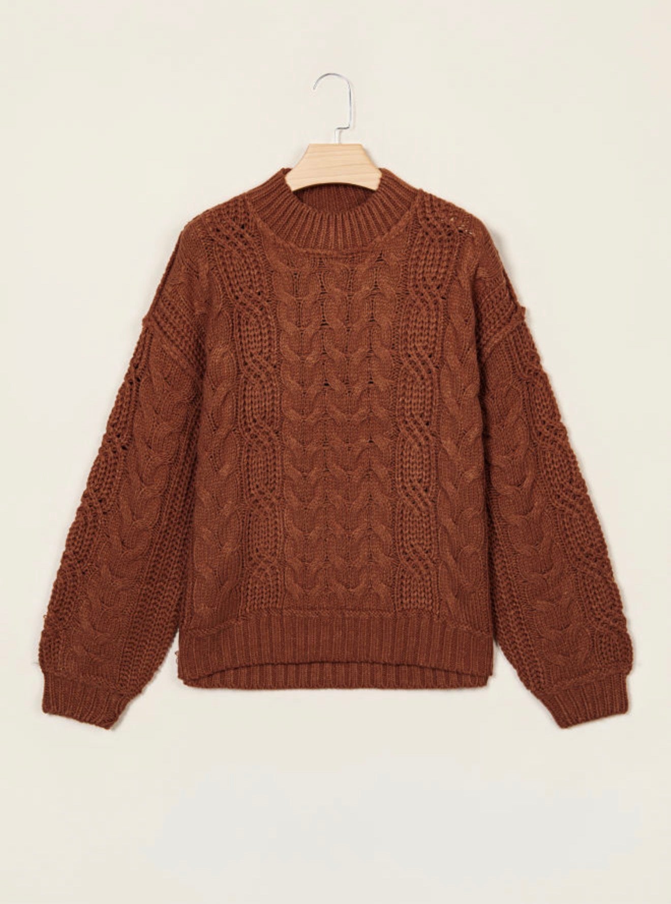Coffee Cable Knit High Neck Sweater